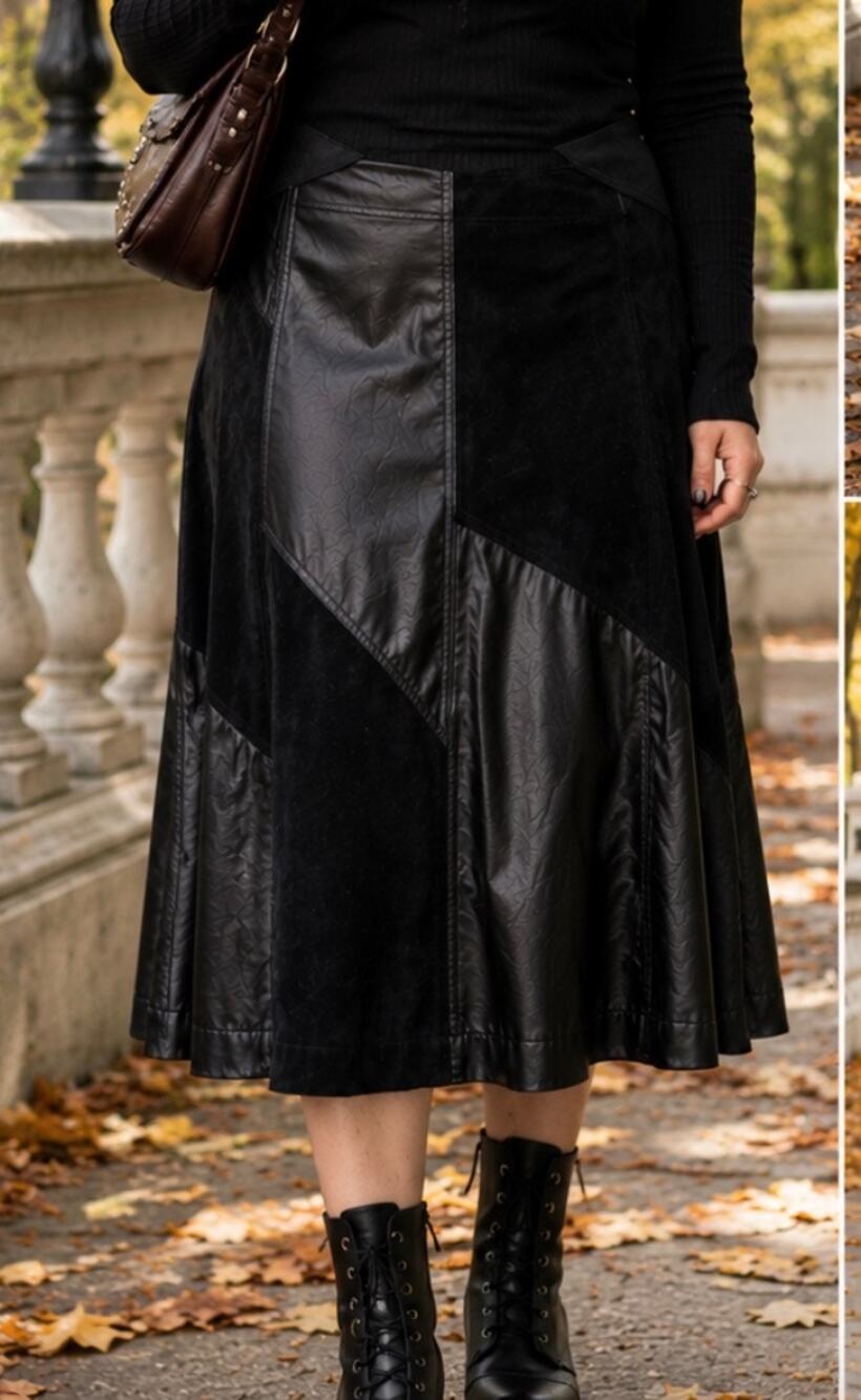 Jamie Nicole Vintage Genuine Leather Patchwork Midi Skirt Black emo goth boho 22